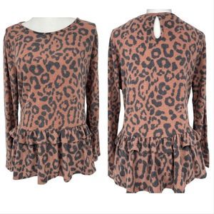 Love Kuza Animal Print Peplum Long Sleeve Top – Size Large